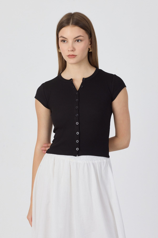 Pamuk Önden Düğmeli Kaşkorse Crop Bluz - Siyah