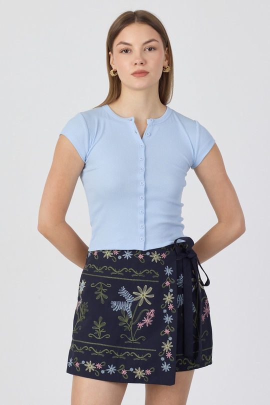 Pamuk Önden Düğmeli Kaşkorse Crop Bluz - Mavi