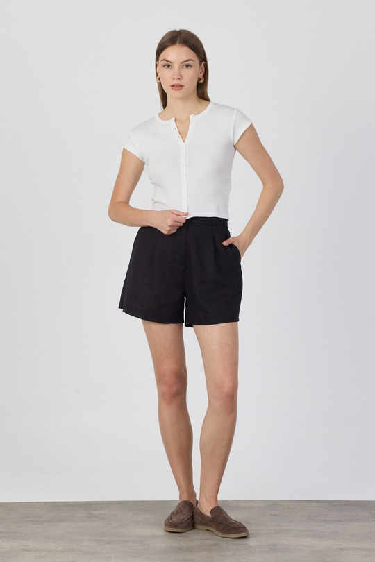 Pamuk Önden Düğmeli Kaşkorse Crop Bluz - Beyaz