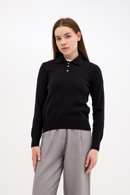Polo Yaka Altın Düğme Detaylı Siyah Triko