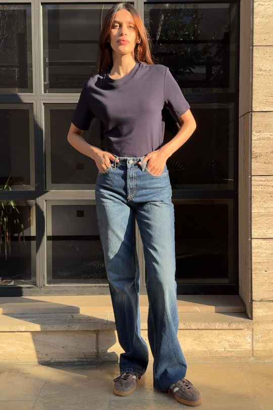 Premium Bisiklet Yaka Pamuklu Geniş Yaka Kadın Lacivert T-shirt Basic