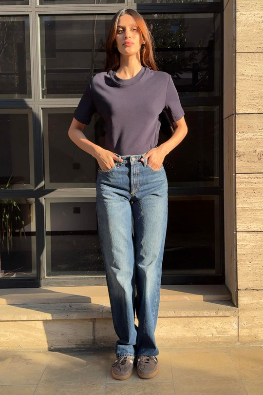 Premium Bisiklet Yaka Pamuklu Geniş Yaka Kadın Lacivert T-shirt Basic