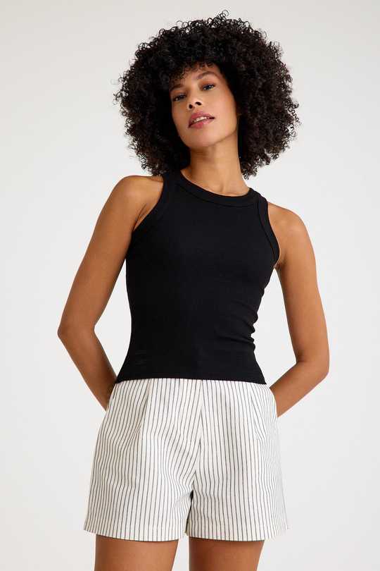 Premium Halter Yaka Pamuk Kaşkorse Fitilli Kadın Siyah Atlet T-shirt Basic