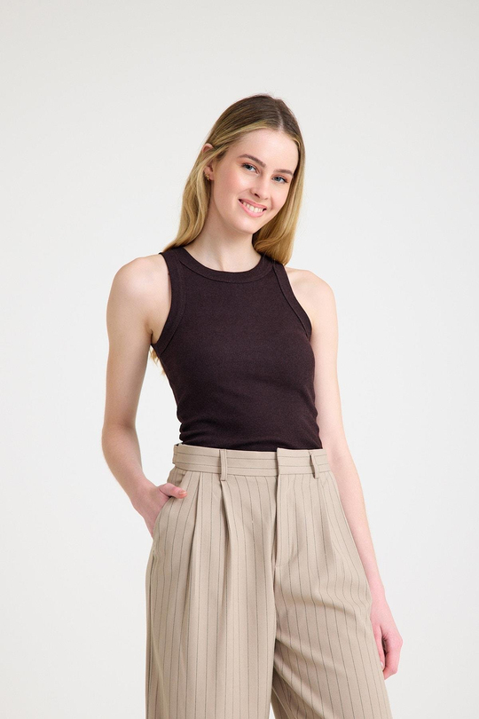 Premium Halter Yaka Pamuk Kaşkorse Fitilli Kadın Kahverengi Atlet T-shirt Basic