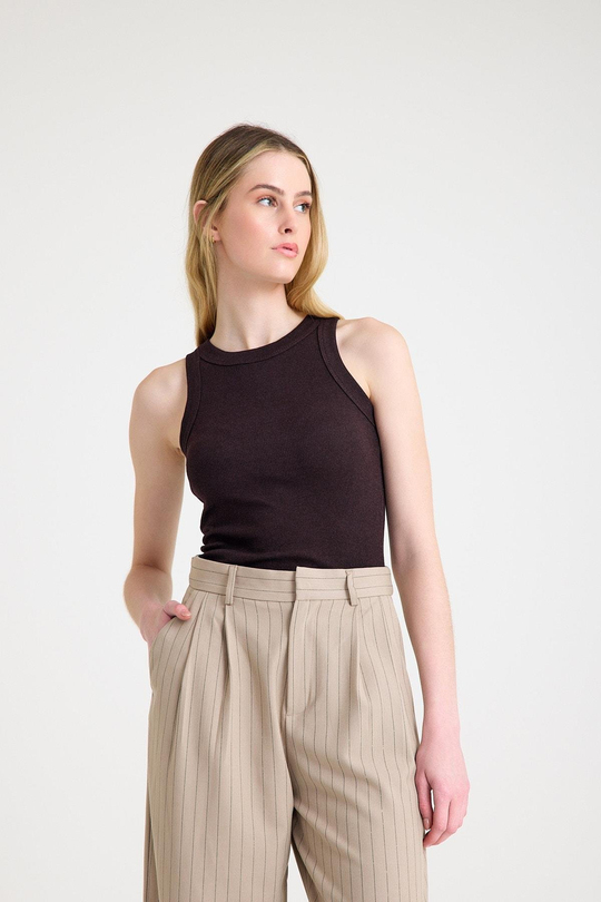 Premium Halter Yaka Pamuk Kaşkorse Fitilli Kadın Kahverengi Atlet T-shirt Basic