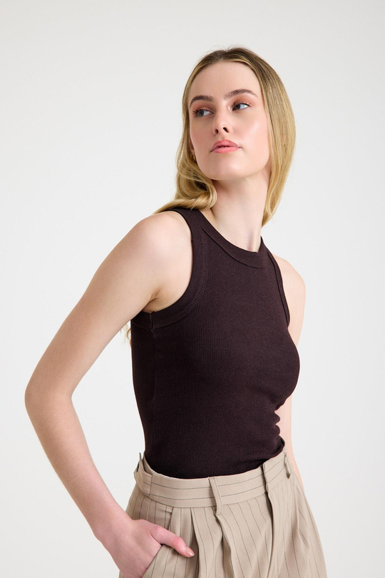 Premium Halter Yaka Pamuk Kaşkorse Fitilli Kadın Kahverengi Atlet T-shirt Basic