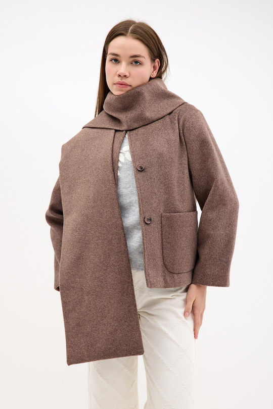 Şal Detaylı Kaşe Kahverengi Mont Ceket