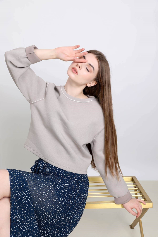 Şerit detaylı crop sweatshirt - gri