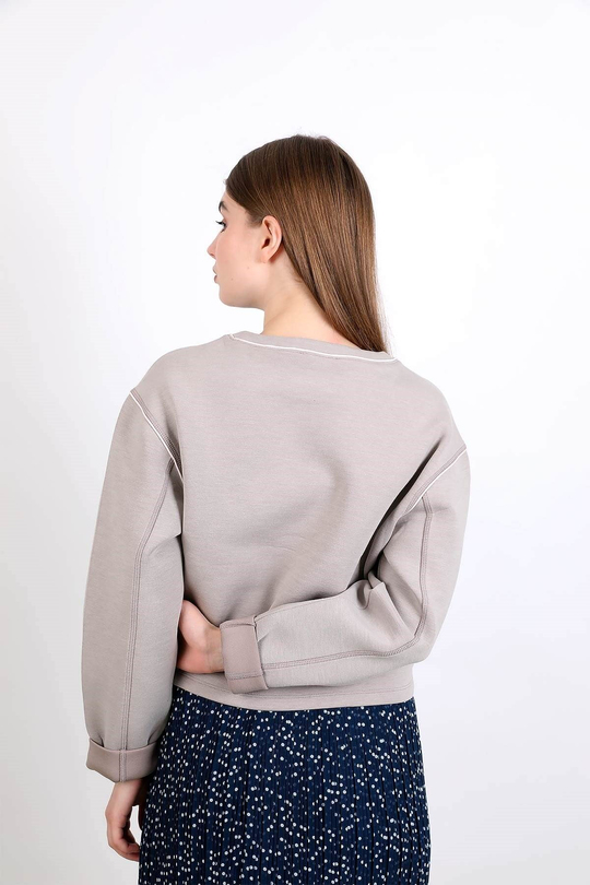 Şerit detaylı crop sweatshirt - gri