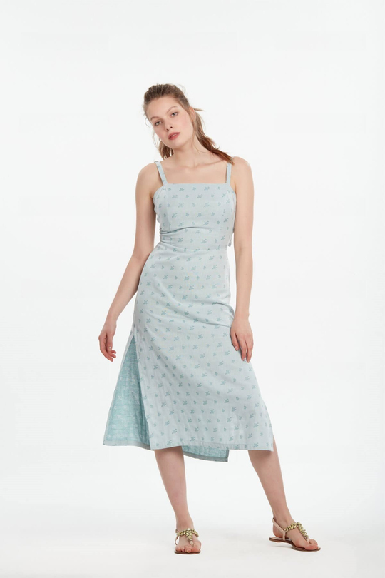 Sırtı bağlamalı yırtmaçlı midi boy tasarım elbise açık mint