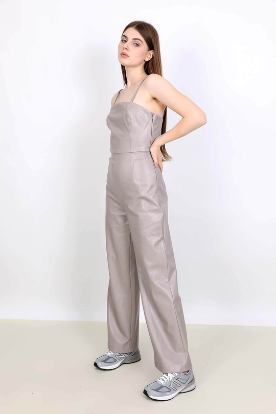 Taş rengi askılı deri görünümlü tulum