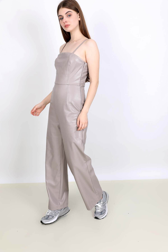 Taş rengi askılı deri görünümlü tulum