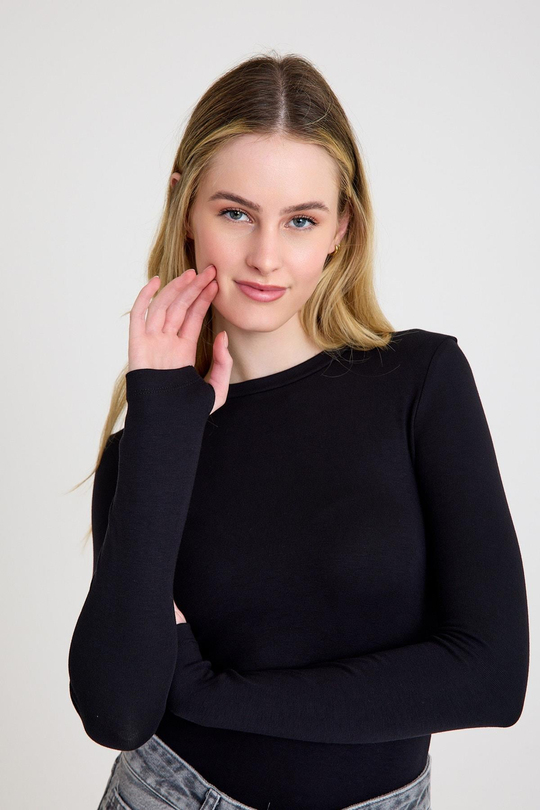 Uzun Kollu Bisiklet Yaka Modal Kumaş Soft Touch Fitted Esnek Kadın Siyah Bluz Body Basic