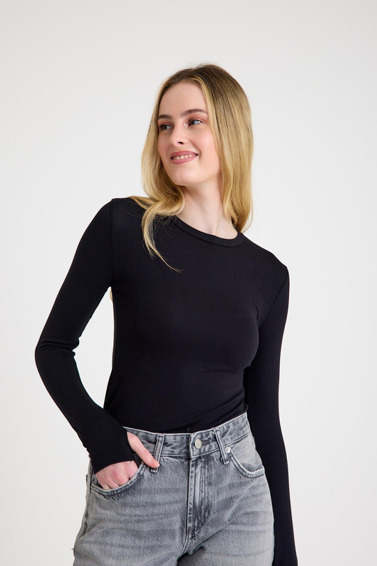 Uzun Kollu Bisiklet Yaka Modal Kumaş Soft Touch Fitted Esnek Kadın Siyah Bluz Body Basic