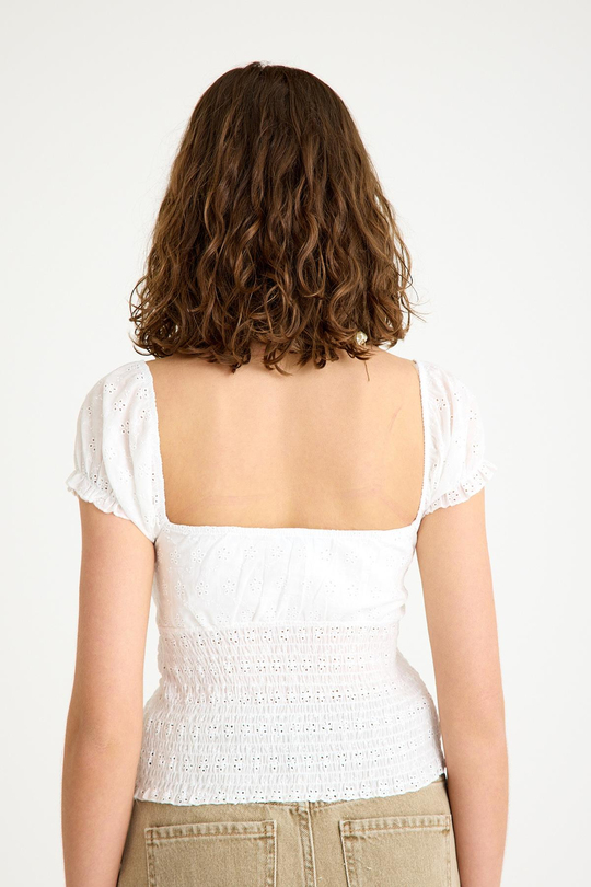 V-Yaka Balon Kollu Beli Lastik Detaylı Pamuk Fisto Beyaz Bluz