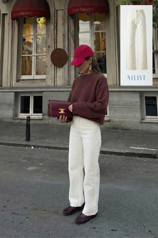 Wide leg Bol Paça İşleme Detaylı Kadın Ekru Denim Jean Kot Pantolon