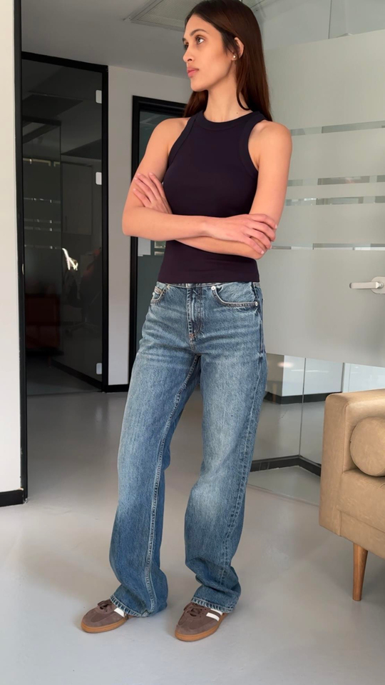 Wide leg Bol Paça Kadın Yıkamalı Lacivert Denim Jean Kot Pantolon