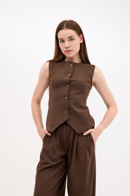 Yelek Palazzo Pantolon Kahverengi Takım