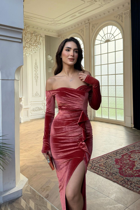  Ahsen Kayık Yaka Kadife Abiye 9298 NAR ÇİÇEĞİ