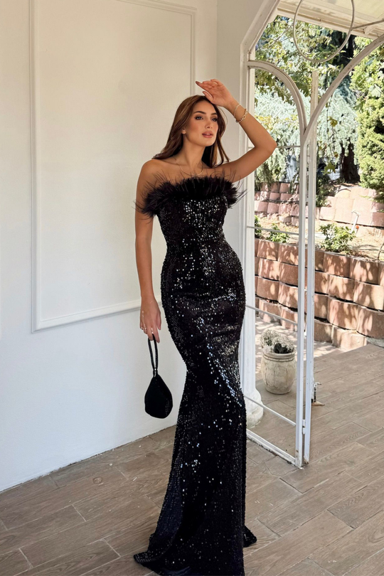 Açelya Payetli Otrişli Abiye 583286 SİYAH