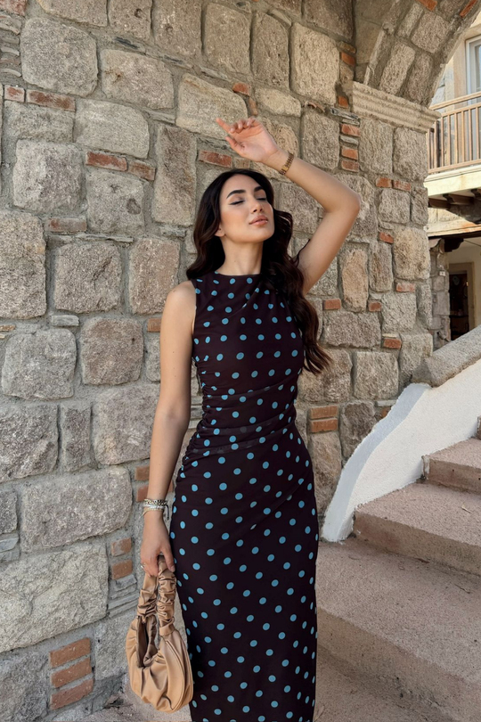 Alina Askılı Puantiye Detay Midi Elbise 7251