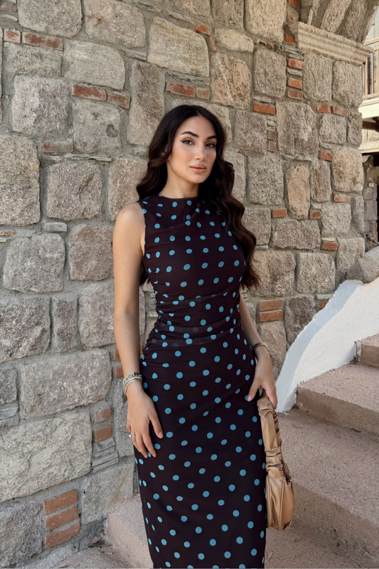 Alina Askılı Puantiye Detay Midi Elbise 7251