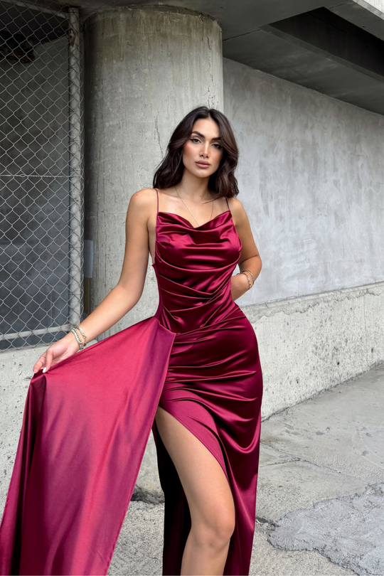 Allyso Degaje Yaka Yırtmaçlı Abiye 582243 BORDO