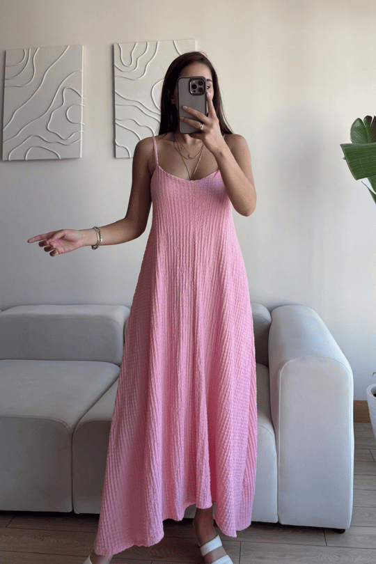 Anna İp Askılı Bubble Elbise 13828 PUDRA