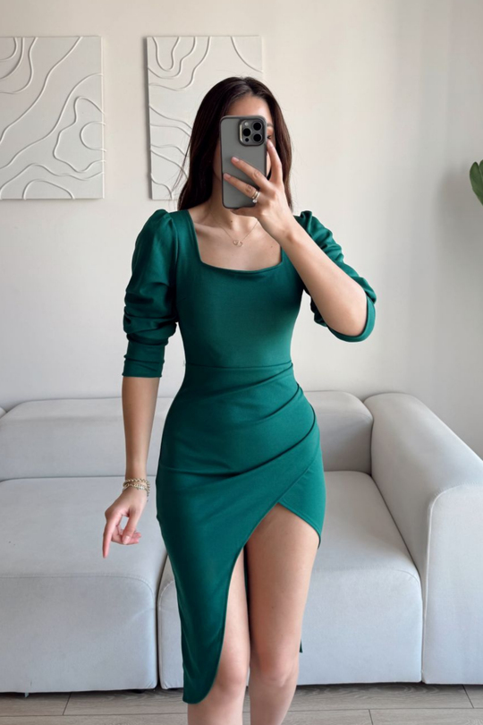 Arsima Kare Yaka Yırtmaçlı Midi Boy Elbise YEŞİL J5X
