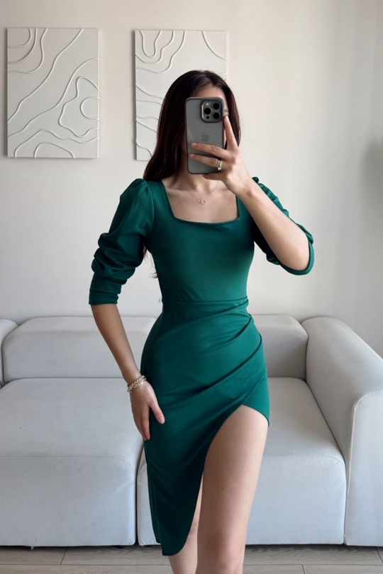 Arsima Kare Yaka Yırtmaçlı Midi Boy Elbise YEŞİL J5X