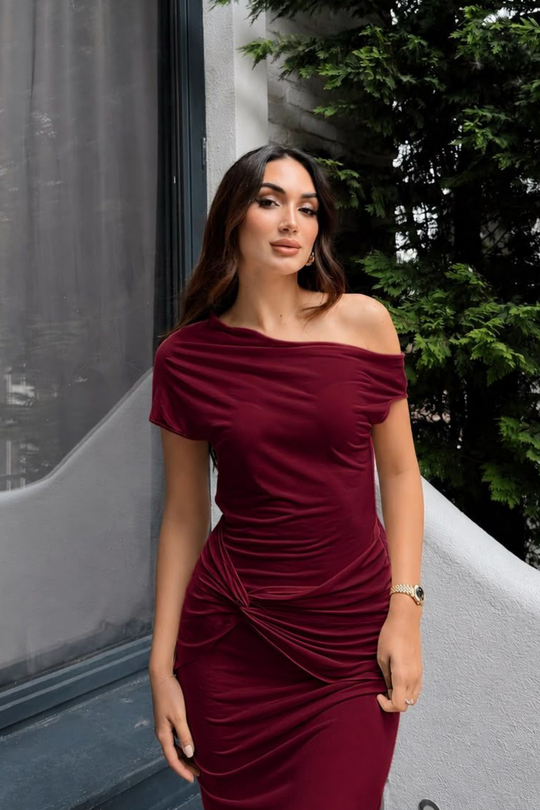 Asel Kayık Yaka Degaje Midi Elbise