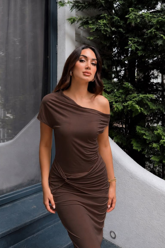 Asel Kayık Yaka Degaje Midi Elbise