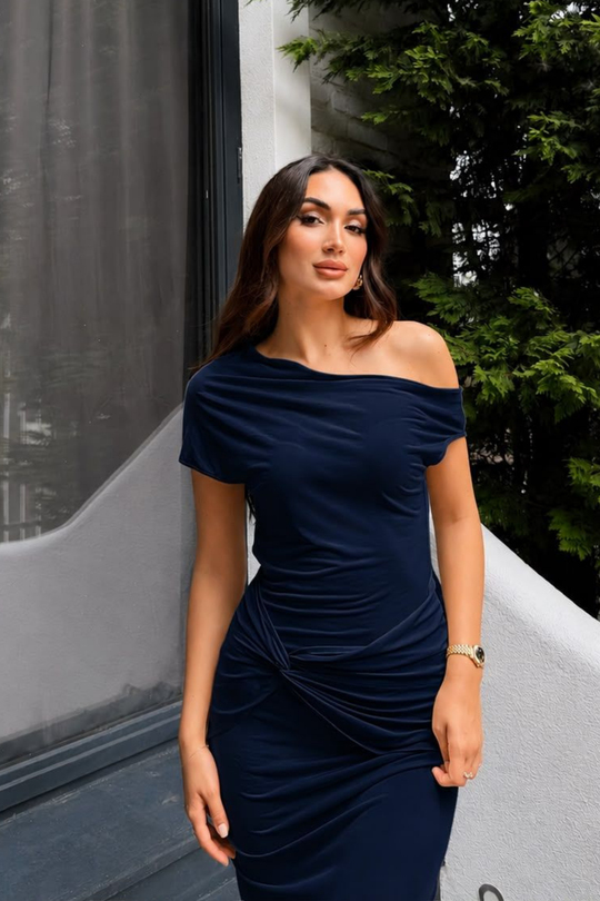 Asel Kayık Yaka Degaje Midi Elbise