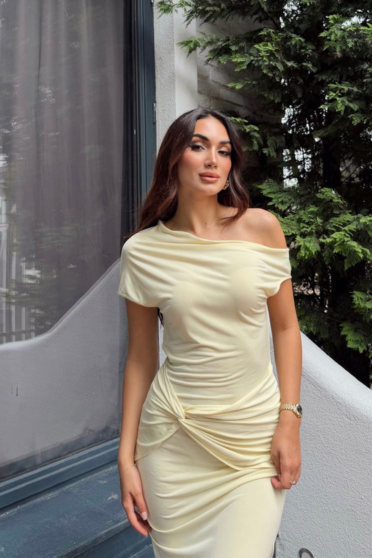 Asel Kayık Yaka Degaje Midi Elbise