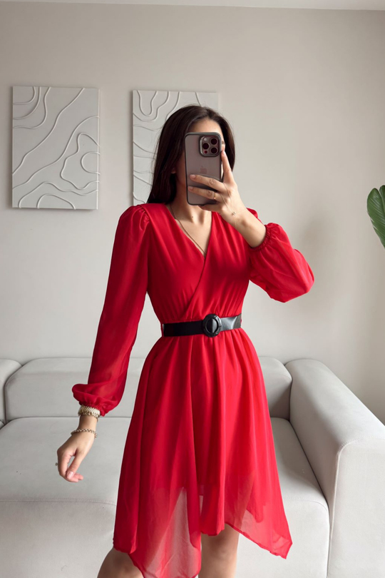 Asimetrik Kesim Kemerli Şifon Elbise 89586 KIRMIZI