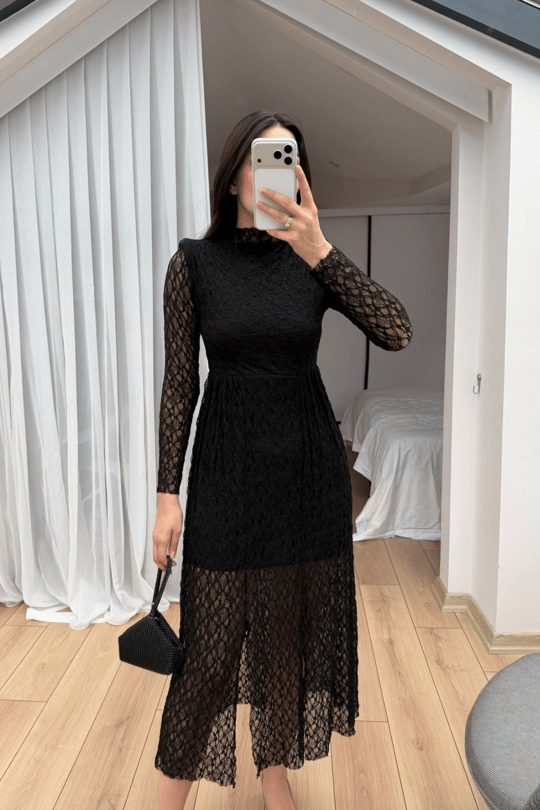 Aylin Güpür Detay Vatkalı Midi Elbise 4572
