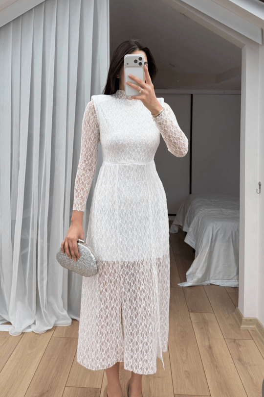 Aylin Güpür Detay Vatkalı Midi Elbise 4572