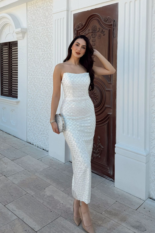 Azra Pul İşleme Straplez Midi Abiye 1134