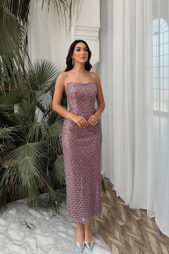 Azra Pul İşleme Straplez Midi Abiye 1134