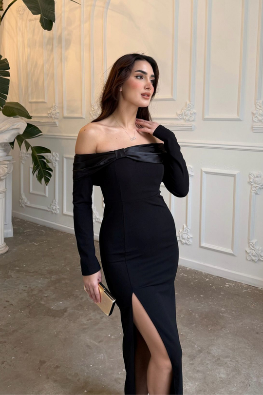 Başak Kayık Yaka Yırtmaçlı Abiye 583363 SİYAH