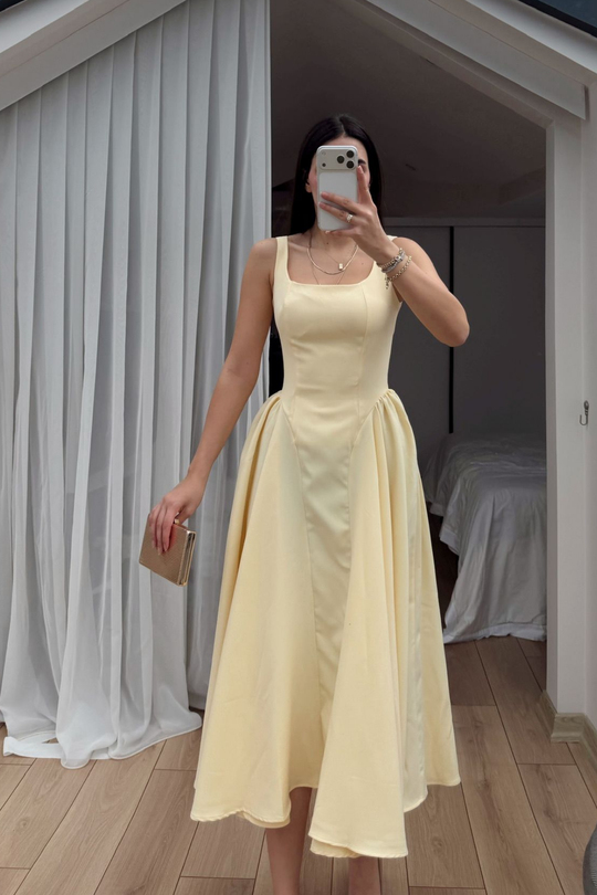 Belin Kare Yaka Sırt Dekolteli Midi Elbise 4968