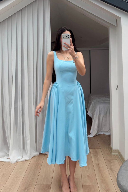 Belin Kare Yaka Sırt Dekolteli Midi Elbise 4968