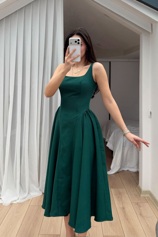 Belin Kare Yaka Sırt Dekolteli Midi Elbise 4968