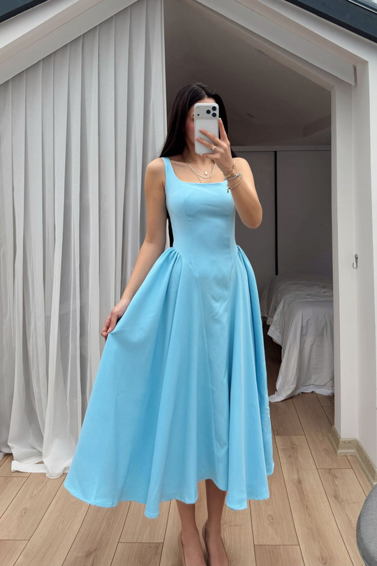 Belin Kare Yaka Sırt Dekolteli Midi Elbise 4968
