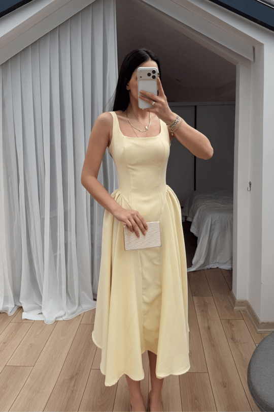 Belin Kare Yaka Sırt Dekolteli Midi Elbise 4968