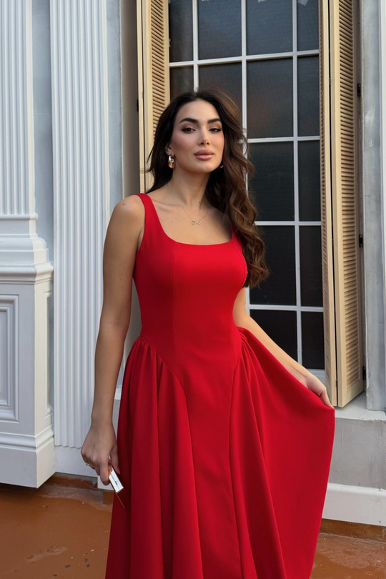 Belin Kare Yaka Sırt Dekolteli Midi Elbise 4968