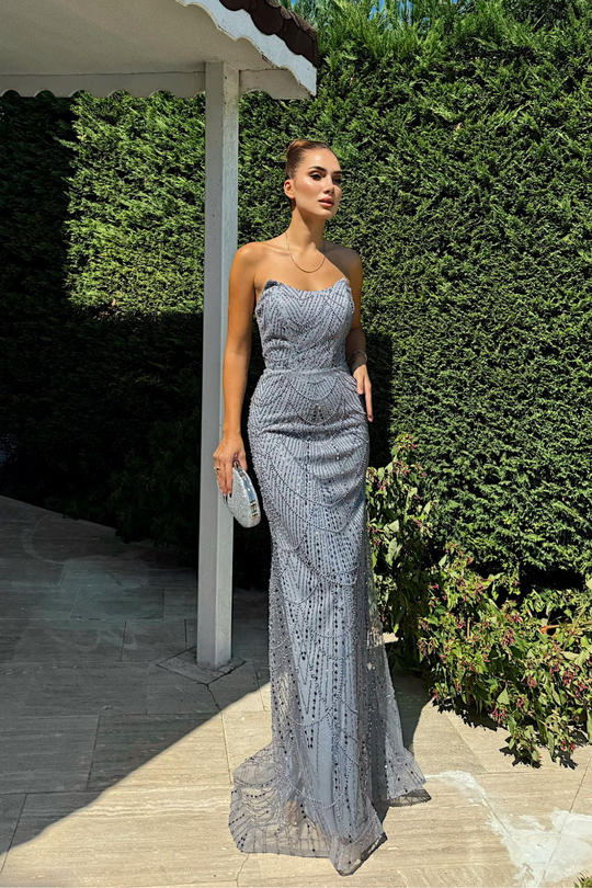 Biana Straplez Boncuklu Abiye 1056 GRİ