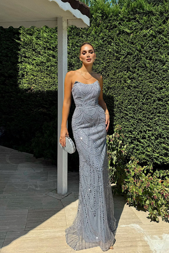 Biana Straplez Boncuklu Abiye 1056 GRİ