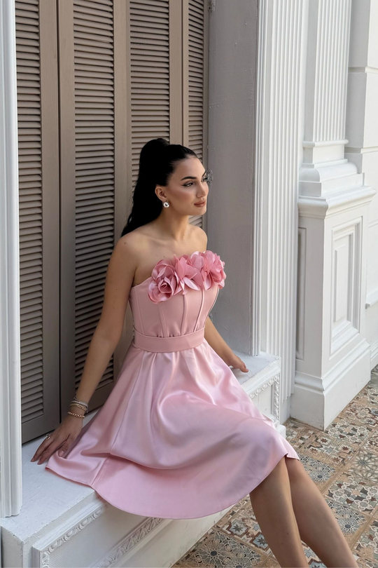 Blanca Straplez Gül Detay Mini Elbise 1101