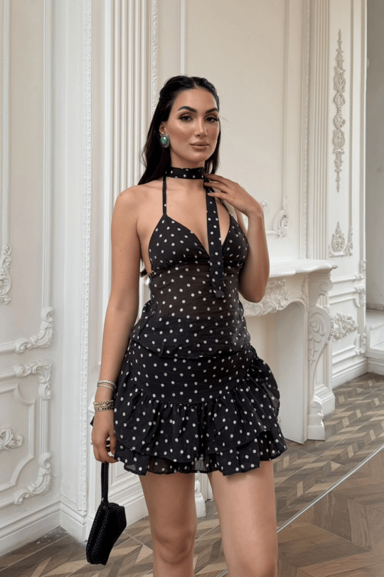 Burçe Tül Puantiyeli Bluz Etek İkili Takım 3042